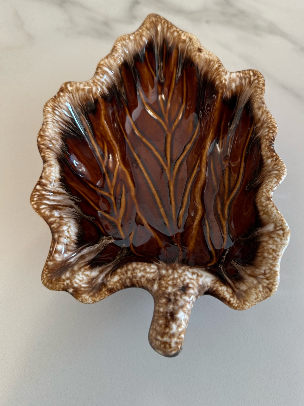 Vintage Hull Pottery Mirror Brown Drip Leaf Shaped Ceramic Dish